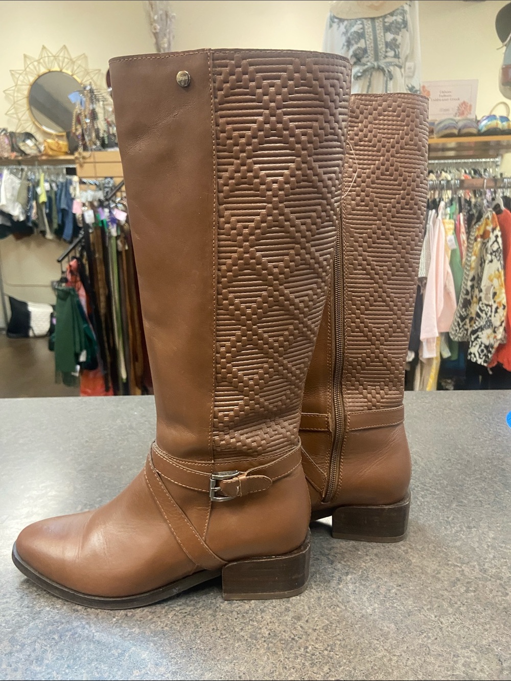 Textured Brown Mid-Calf Leather Heeled Boots